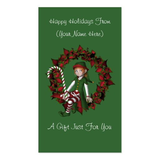 Girl Elf Wreath Christmas Holiday Gift Card Tag Business Card Template (front side)