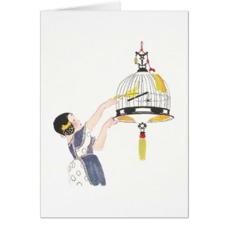 Girl Feeding Canary in Birdcage Greeting Card