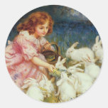 Girl feeding Rabbits Round Stickers