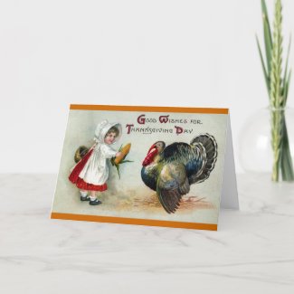 Girl Feeds Corn to Turkey Vintage Thanksgiving Greeting Cards
