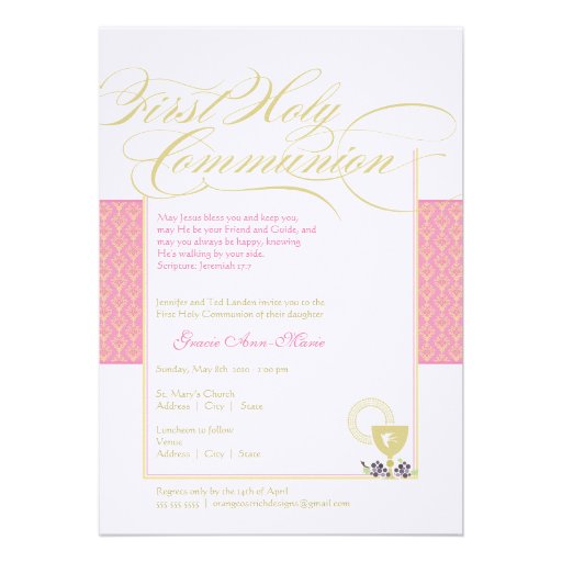 Girl First Communion Invitation - Pink 5 x 7 (front side)