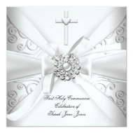 Girl First Holy Communion Damask White Silver 5.25" Square Invitation Card