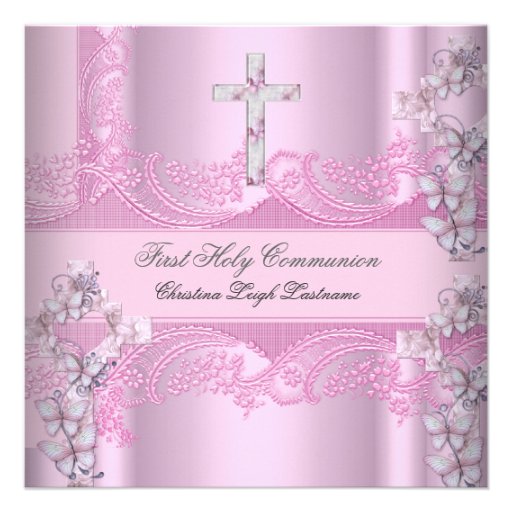 Girl First Holy Communion Lace Pink Invitations (front side)