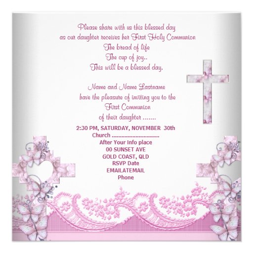 Girl First Holy Communion Lace Pink Invitations