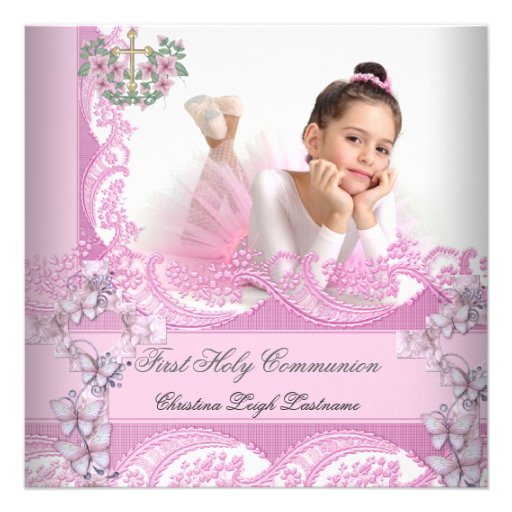 Girl First Holy Communion Lace Pink Photo Personalized Invite