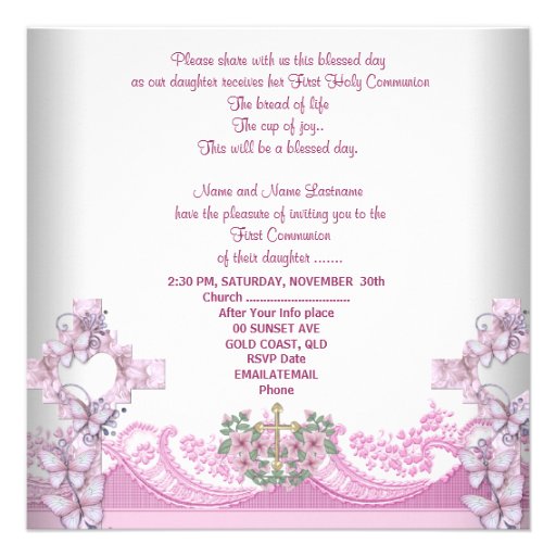 Girl First Holy Communion Lace Pink Photo Personalized Invite