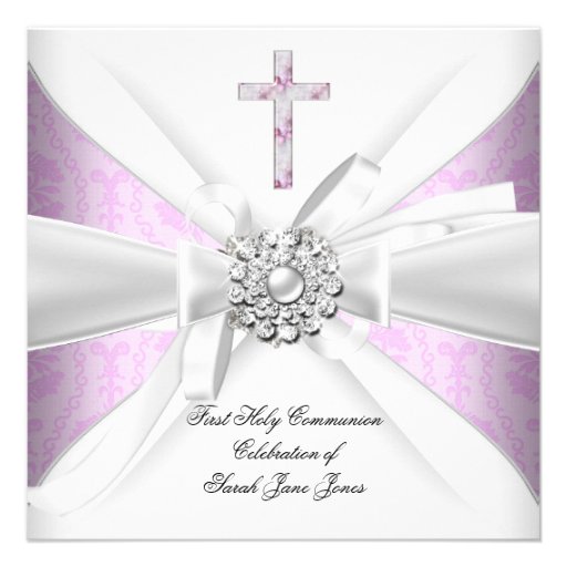 Girl First Holy Communion Pink Damask White Silver Custom Announcements (front side)