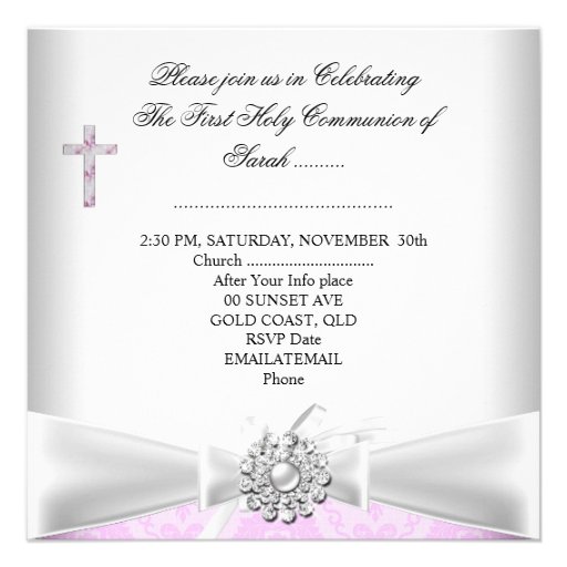 Girl First Holy Communion Pink Damask White Silver Custom Announcements