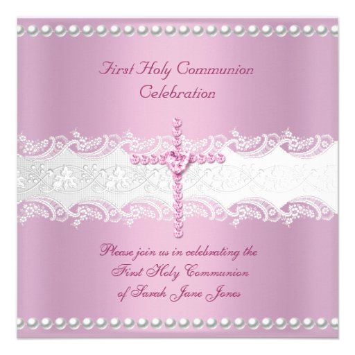 Girl First Holy Communion Pink Lace Pink Pearl Custom Announcement