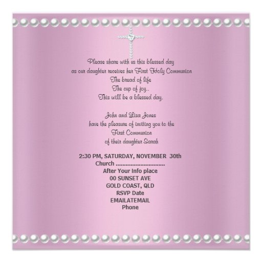 Girl First Holy Communion Pink Lace Pink Pearl Custom Announcement