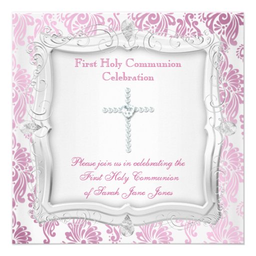 Girl First Holy Communion Pink Silver Cross Invitations