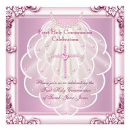 Girl First Holy Communion Pink Veil Pink Cross Custom Invites