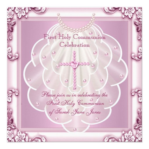 Girl First Holy Communion Pink Veil Pink Cross Custom Invites