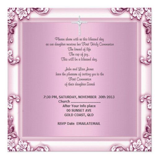 Girl First Holy Communion Pink Veil Pink Cross Custom Invites