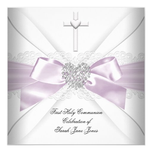 Girl First Holy Communion Pink White Silver Heart Custom Announcements
