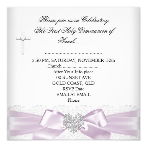 Girl First Holy Communion Pink White Silver Heart Custom Announcements