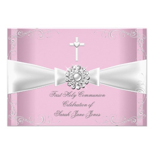 Girl First Holy Communion pink White Silver Invitations (front side)