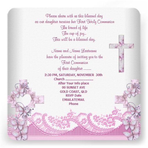 Girl First Holy Communion Pretty Lace Pink Custom Announcements