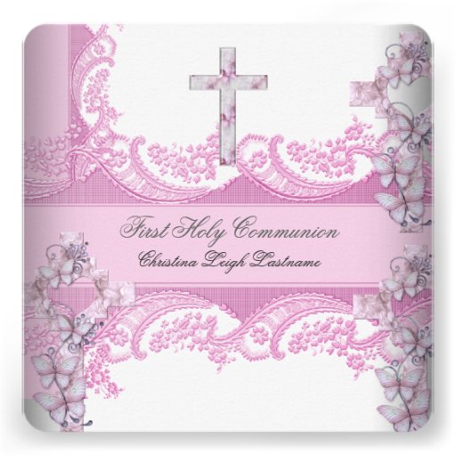 Girl First Holy Communion Pretty Lace Pink Custom Announcements
