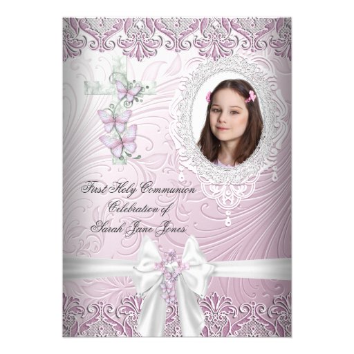 Girl First Holy Communion Pretty Pink Photo Personalized Announcements