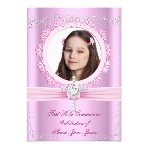 Girl First Holy Communion Pretty Pink Photo Personalized Invite