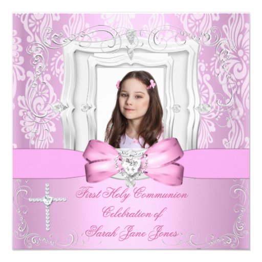 Girl First Holy Communion Pretty Pink Photo Personalized Announcements