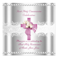 Girl First Holy Communion Silver Lace Pink Pearl Announcement