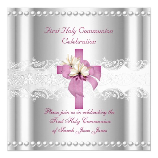 Girl First Holy Communion Silver Lace Pink Pearl Announcement