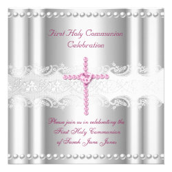 Girl First Holy Communion Silver Lace Pink Pearl Custom Invites