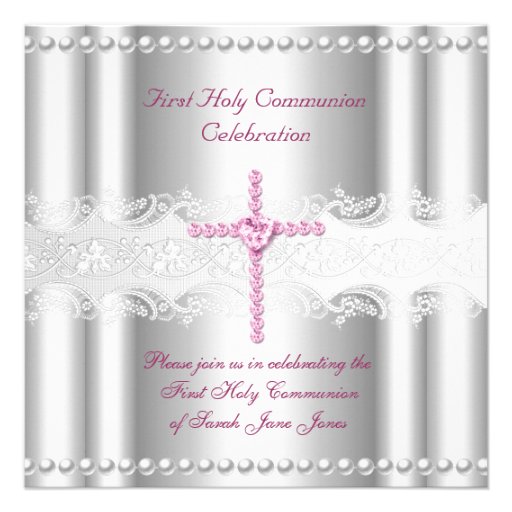 Girl First Holy Communion Silver Lace Pink Pearl Custom Invites (front side)