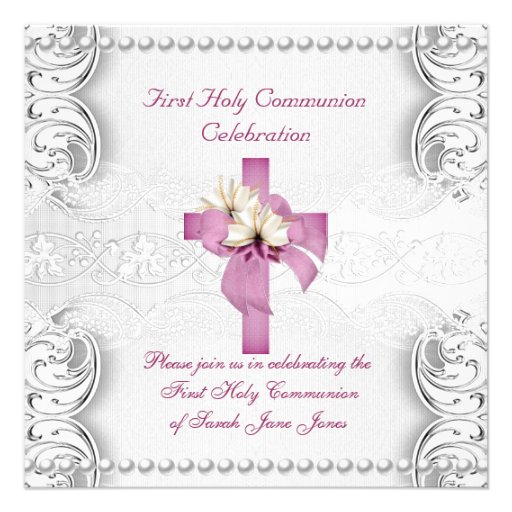 Girl First Holy Communion Silver Lace Pink Pearl Personalized Invites