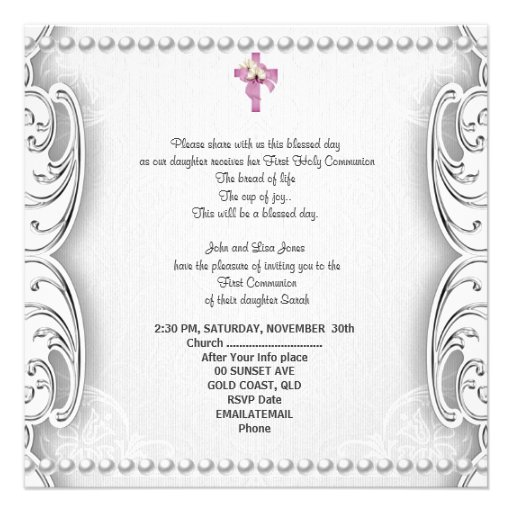 Girl First Holy Communion Silver Lace Pink Pearl Personalized Invites