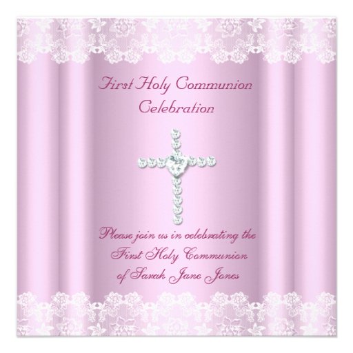 Girl First Holy Communion White Lace Pink Cross Announcement