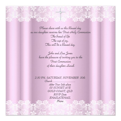 Girl First Holy Communion White Lace Pink Cross Announcement