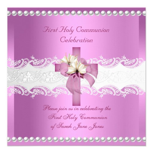 Girl First Holy Communion White Lace Pink Pearl Announcement