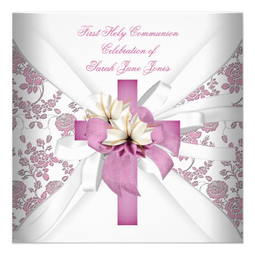 Girl First Holy Communion White Pink Announcements