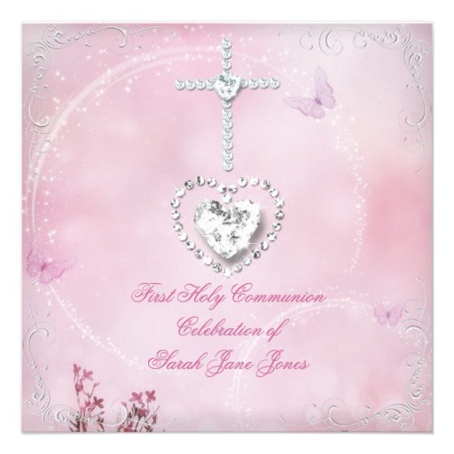 Girl First Holy Communion White Pink butterfly Invite (front side)