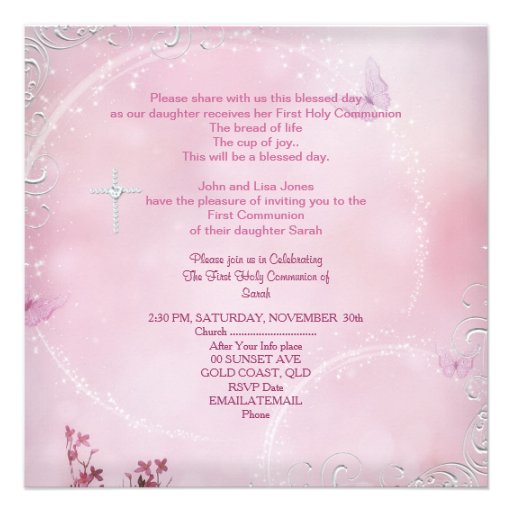 Girl First Holy Communion White Pink butterfly Invite