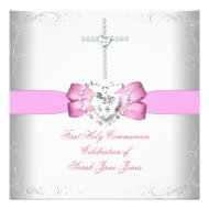Girl First Holy Communion White Pink Personalized Invite