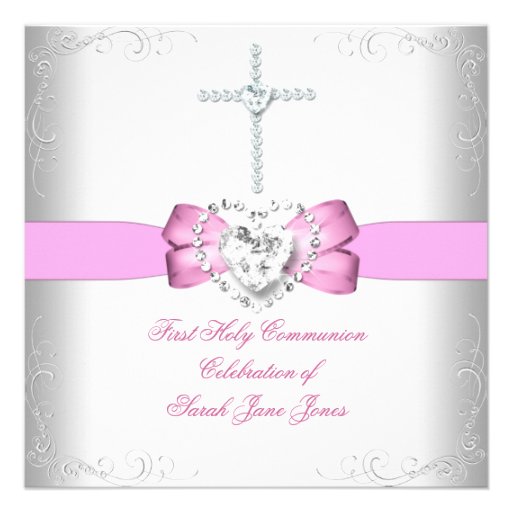 Girl First Holy Communion White Pink Personalized Invite