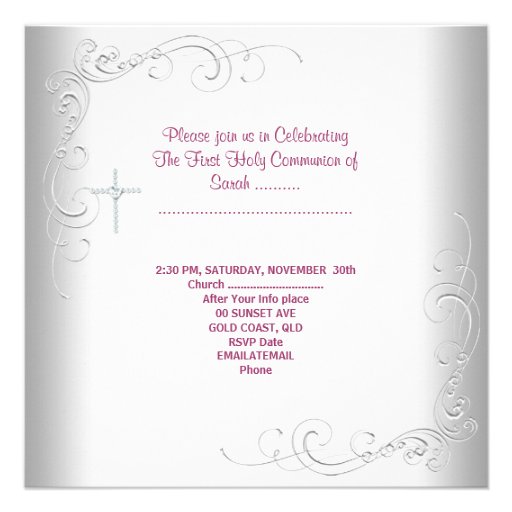 Girl First Holy Communion White Pink Personalized Invite