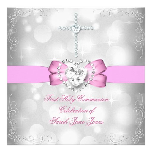 Girl First Holy Communion White Pink Invites (front side)