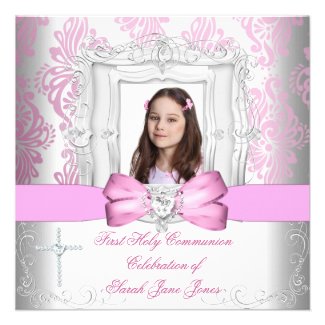 Girl First Holy Communion White Pink Photo Invitations
