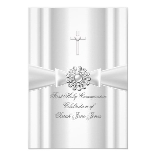 Girl First Holy Communion White Silver Invitation (front side)