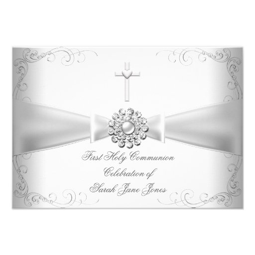 Girl First Holy Communion White Silver Announcements (front side)