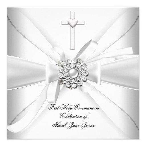 Girl First Holy Communion White Silver Invite (front side)