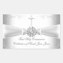 Girl First Holy Communion White Silver Rectangular Sticker