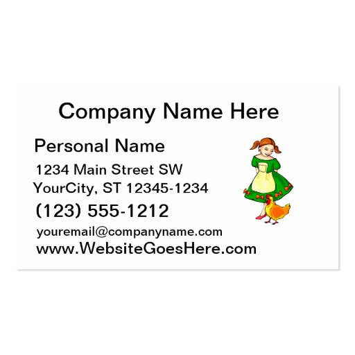 girl green dress standing chicken at feet business card templates