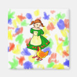 girl green dress standing chicken at feet fridge magnet