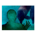 Girl hand up dolphins back grunged postcard